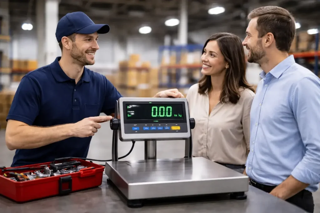 Technician providing after-sales support and installation services for weighing scales.